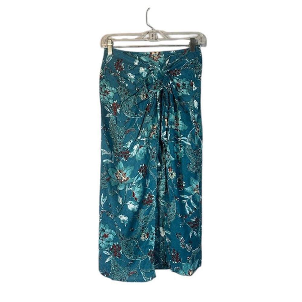 Band of the Free Womens Teal Blue Floral Bohemian Wrap-Style Long Maxi Skirt Med